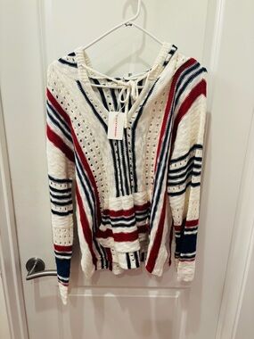 NWT Lucky Brand red, cream, and blue Striped Baja Hoodie Sweater - S